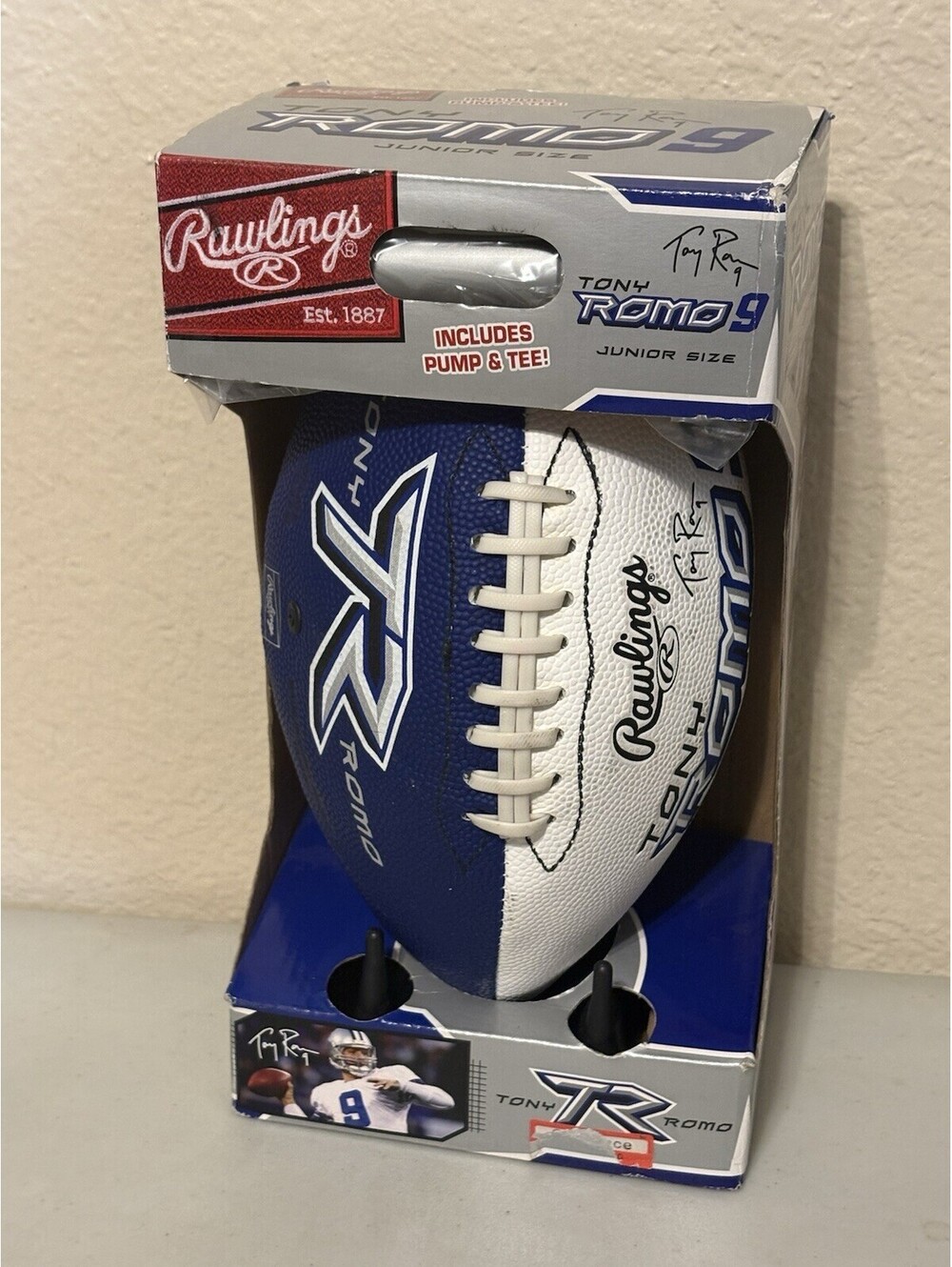 VTG Rawlings Tony Romo Dallas Cowboys Junior Football NIB Blue White Pump Tee